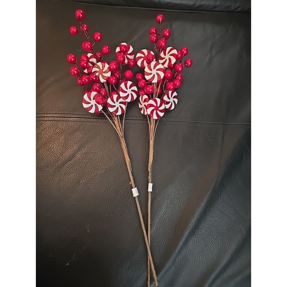18" BERRY Candycane Lolipop PICK Floral Christmas Accent Red White 2 Pc